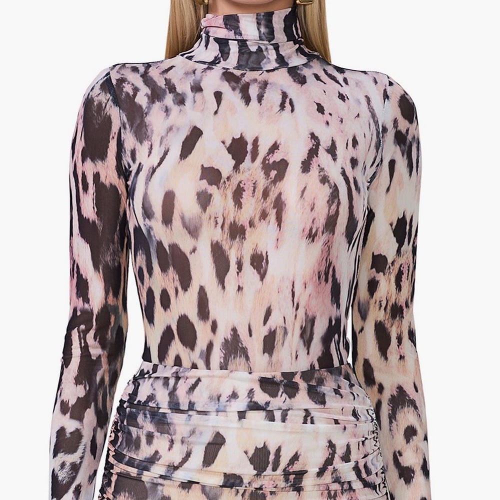 AFRM Leopard Print Sheer Turtleneck Top